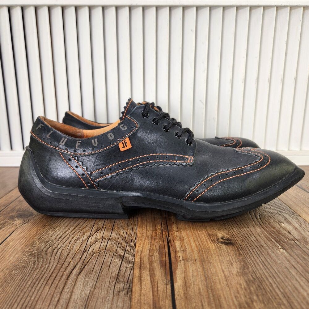 John Fluevog Future Angel Charles Wingtip Shoes Men's 12 Black Brogue Square Toe